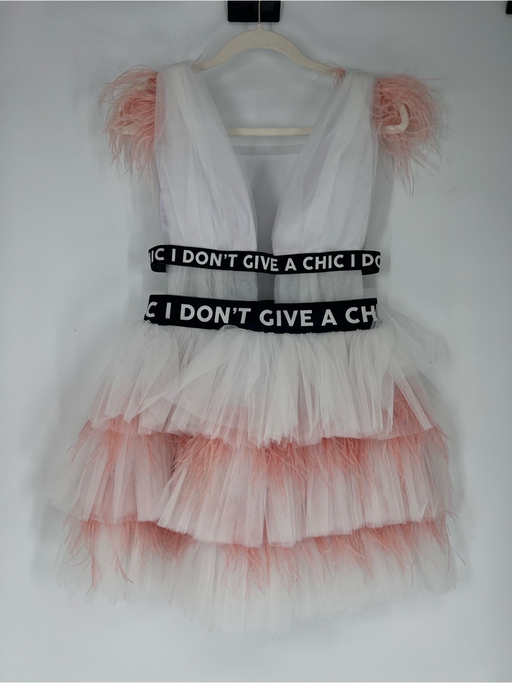 House of MuaMua V Neck Tulle Feather Peach Tulle Couture Designer Mini Dress NWT